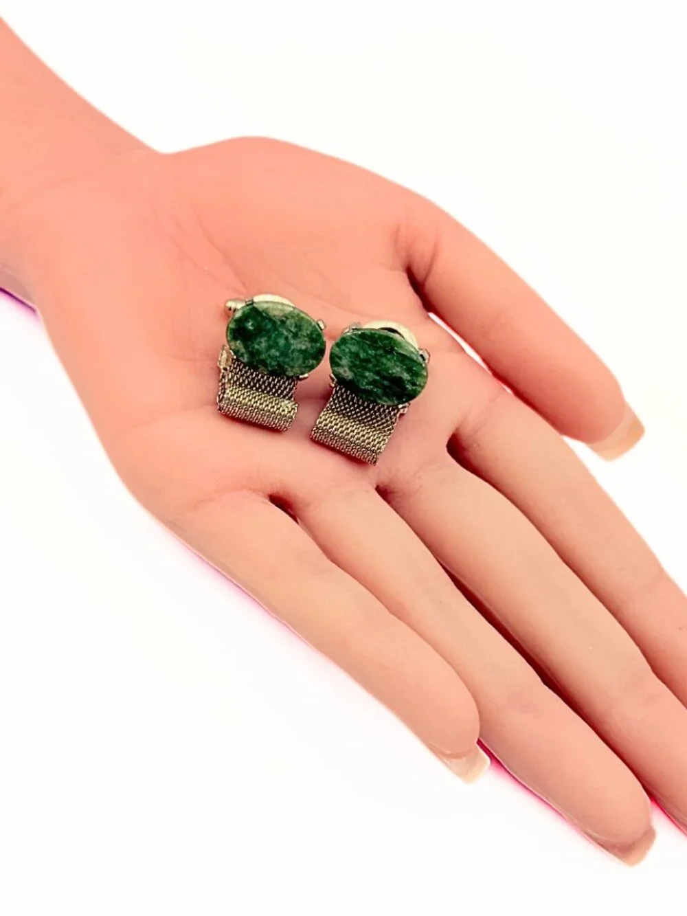 Contemporary Dante Signed Nephrite Jade Gold Plated Oval Cab  Cufflinks